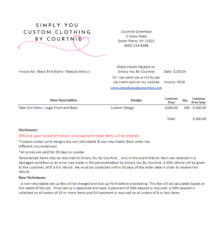 Custom Take Out Menu's - Blackbird Bistro