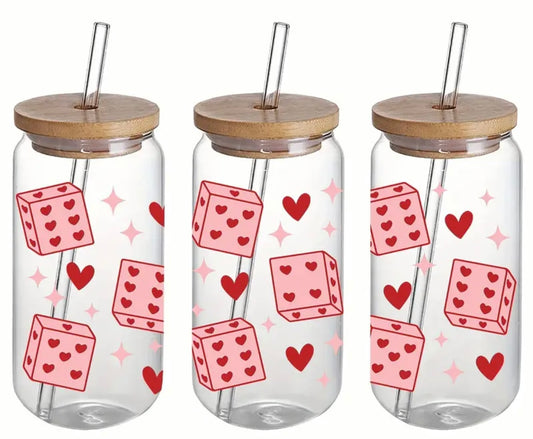 Dice with Hearts Libby Glass Cup with Straw